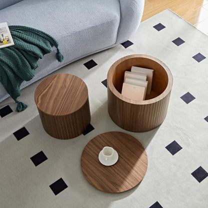 Round Nesting Coffee Table Set of 2, Wood Side Tables with Storage | Fluted Walnut Accent and End Tables Sets, Mid Century Modern, Living room, bedroom, office, small spaces - color: Walnut With Storage