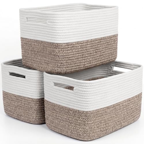 Storage Baskets for Organizing, 14 x 10 x 9” Closet Shelf Woven Baskets, Square Bins with Handles, Cotton Rope Basket for Clothes, Office, Room, White+Dark brown 3 Pack - color: White+Dark brown, size: 3pcs