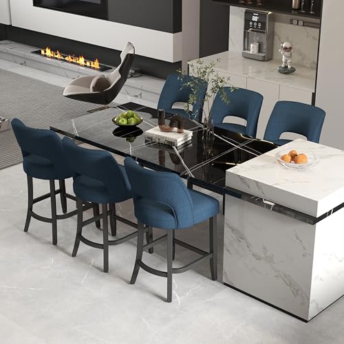 VKNOW Bar Stools Set of 6, 26" Upholstered Counter Height Bar Stools | Modern Counter Stools with Black Rubberwood Legs for Kitchen Island Dining Room Bar, Blue-Black Legs - color: Blue-black Legs, size: Set of 6