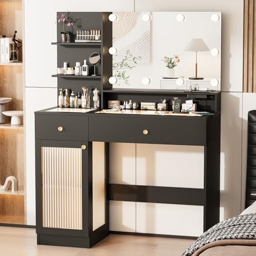 40" Vanity Desk with Large Mirror and Lights, Modern Glass Top Makeup Vanity Set with Power Outlet, Drawers and Cabinet, 3 Lighting Color Adjustable Dressing Table for Bedroom, Black - style: Black Vanity with Power Outlet