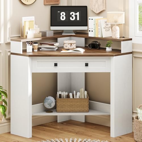 Small Corner Desk, Triangle Computer Desk for Small Space, Rustic White | 31.5" Corner Desk with Drawer and Monitor Stand, Farmhouse Computer Desk with Storage Shelf for Home Office, Living Room