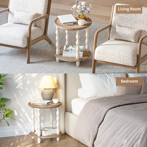 karlott Round Side Table, 2-Tier Farmhouse End Tables Living Room, Beige | Pine Leg, Weathered Handcrafted Wood Nightstand, Boho Round Nightstand, Easy Assembly for Living Room, Bedroom, Small Space - size: 2 Tier End Table 18.5 Inches