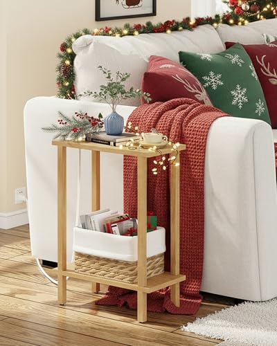 TUTOTAK Narrow Side Table, 2-Tier Small End Table with Charging Station | Skinny Sofa Table, Slim Nightstand, Easy Assembly for Living Room, Bedroom, Natural TB01BN060 - color: Natural, size: 2-tier