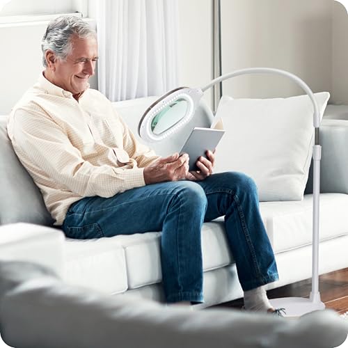 Brightech LightView Pro Magnifying LED Desk Lamp with Light, Hobbies & Reading, Flexibility & Durability Magnifying Floor Lamp, 3 in 1 LED Light Glass Magnifier, Work Light for Pro Uses - White - color: White