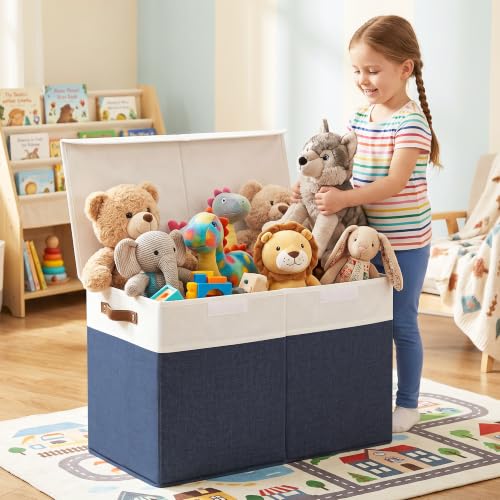 Large Toy Storage Box with Lids, Collapsible Sturdy Baby Storage Organizer Chest Bin Basket for Kids, Boys, Girls, Playroom, Nursery, Bedroom, Closet 25"x13"x16" (Navy Blue and White) - color: Navyblue and White