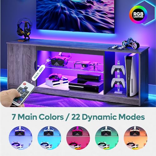 Bestier LED TV Stand for PS5,Modern Gaming Entertainment Center with Cabinet for 60/65 Inch TV, TV Console with Adjustable Glass Shelf for Living Room Bedroom Grey - color: Grey