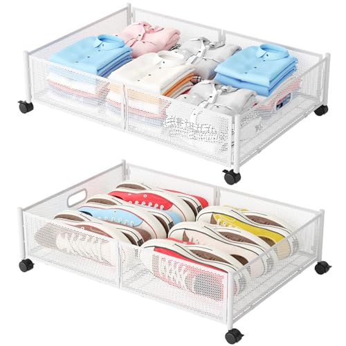 Gawerk Under Bed Storage with Wheels, Foldable Metal Mesh Underbed Storage Container Bins, Tool-free Assembly Clothes Drawer Organizer, 2Pack - color: White