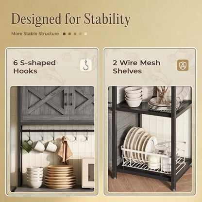 Huuger Large Bakers Rack with Power Outlet, Kitchen Microwave Stand with Cabinets, Coffee Bar Table Station with Storage, 6 S-Shaped Hooks, Mesh Shelves, 45 Inch Wooden Top, Grey - color: Charcoal Grey