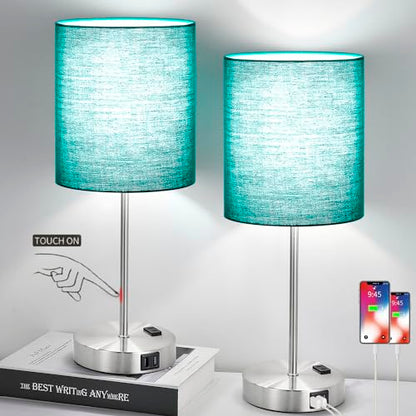 Lynnoland Green Touch Table Lamps Set of 2 with 2 USB & AC Outlet, 3-Way Dimmable Bedside Nightstand Lamps for Bedroom Lamps Living Room Nursery, 800 Lumens 5000K Daylight Bulbs Included - color: (2 Pack)Green & Brushed Nickel(Base)-5000K Bulbs Included