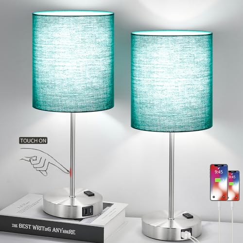 Lynnoland Green Touch Table Lamps Set of 2 with 2 USB & AC Outlet, 3-Way Dimmable Bedside Nightstand Lamps for Bedroom Lamps Living Room Nursery, 800 Lumens 5000K Daylight Bulbs Included - color: (2 Pack)Green & Brushed Nickel(Base)-5000K Bulbs Included