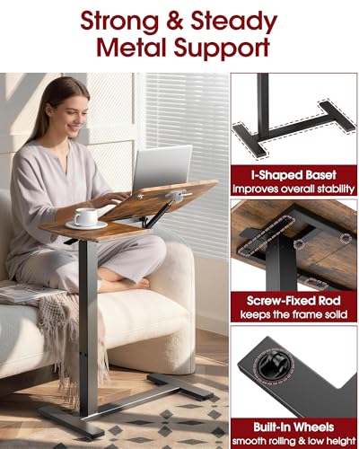 Sakugi Overbed Bedside Table with Wheels, Right-Side Tilt Top, Laptop Desk | Home & Office, Hospital Bed Table, Rolling Bed Tray, Height Adjustable, Brown,12.9" D × 27.6" W × 29.1"–39" H - color: Brown