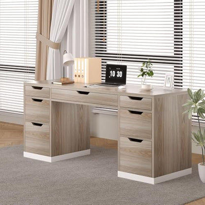 Computer Desk with Drawers, Small Office Desk with Storage, Light Walnut | 54 Inch Writing Desk with 7 Storage Drawers, Study Desk for Bedroom, Small Spaces - color: Light Walnut