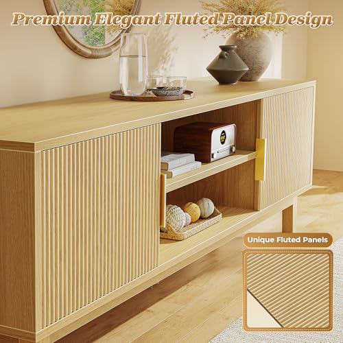 54 Inch Fluted TV Stand for TVs Up to 55, 60 Inch, Mid Century Modern Entertainment Center with Storage, TV Console with Adjustable Shelves, Midea Console for Living Room Bedroom, Beige - color: Nature