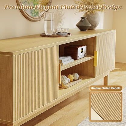 54 Inch Fluted TV Stand for TVs Up to 55, 60 Inch, Mid Century Modern Entertainment Center with Storage, TV Console with Adjustable Shelves, Midea Console for Living Room Bedroom, Beige - color: Nature