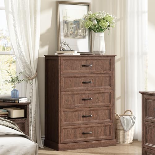 CARPETNAL Farmhouse 5 Drawer Dresser for Bedroom, 44" Tall Brown Dresser. | Wood Rustic Chest of Drawers with Wide Metal Handle,Drawer Organizer for Bedroom,Living Room,Hallway and Entryway - color: Brown, size: 16"D x 44"W x 31"H (5 Drawers)