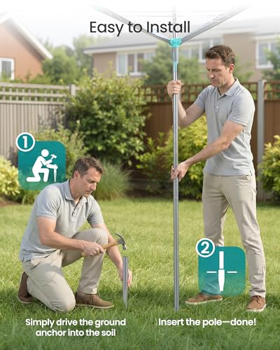 SONGMICS Umbrella Clothesline, Rotary Washing Line, Foldable Heavy-Duty Outdoor Clothes Drying Rack with Clips, Cover, Ground Anchor, 147.6 ft (45 m) Long for 4 Loads of Laundry, Silver ULLR306EZ01 - size: 54.8"D x 54.8"W x 71.7" H, style: Standard (Steel