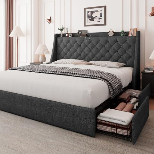 Feonase Upholstered Full Size Bed Frame with 4 Storage Drawers, Charging Station, Tufted Wingback Storage Headboard, No Box Spring Needed, Easy Assembly, Dark Grey - color: Dark Grey, size: Full