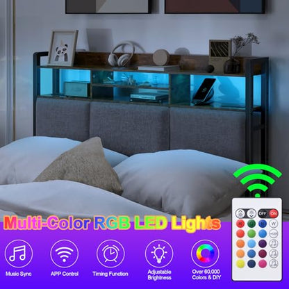 Headboard for Full Size Bed with Charging Station and LED Light | Full Bed Upholstered Head Board with Storage Shelves, Full Size Headboard with Power Outlets, Height Adjustable, Brown - size: Full