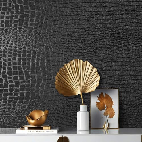 Arthome 17"×240" Black Crocodile Peel and Stick Wallpaper,Charcoal Black Alligator Textured Contact Paper Self-Adhesive Waterproof Embossed Easy Peel Off Wallpaper for Cabinet Bedroom Bathroom - color: Leather, size: 17" x 240"