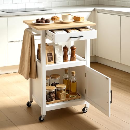 VEVOR Kitchen Island Cart with Single Door Cabinet, Mobile Carts with Drawer, Towel Rack, Hooks, Portable Table on Swivel Wheels, Small Coffee Islands Microwave Stand for Dining Room, 18x23 in, White - size: 17.72"D x 23.23"W x 35.83"H, style: Moveable 1