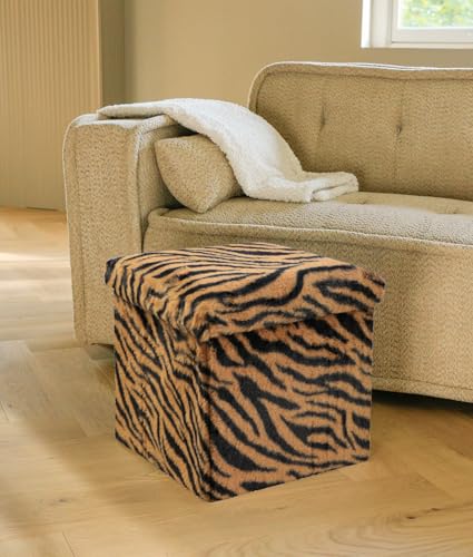 Luxe Faux Fur Storage Ottoman, Tiger Tan/White, 15 x 15 x 15 in | Engineered Wood, Tool-Free Assembly, Modern Style, Seat And Footrest - color: Tiger Tan/White, size: 15"D x 15"W x 15"H
