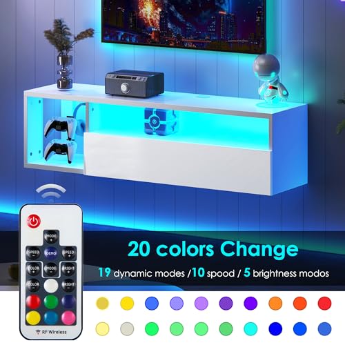 DlandHome 39.3" W Floating TV Stand with LED, Wooden Entertainment Center | Wall-Mounted Media Console, Floating Shelf for Under TV Wall Mount with Storage Shelves for Bedroom Living Room, White - size: 39.3'' White