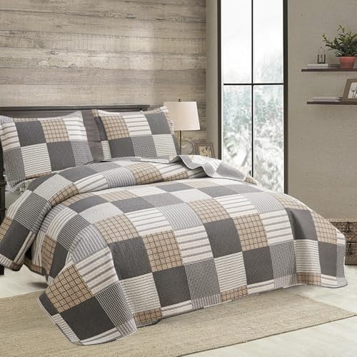 Ycosy Plaid Quilt Set King Size Lightweight Bedspread Set Grey Brown White Patchwork Quilts Reversible Coverlet with 2 Pillow Shams Soft Microfibers for All Season - color: Grey Brown Plaid, size: King