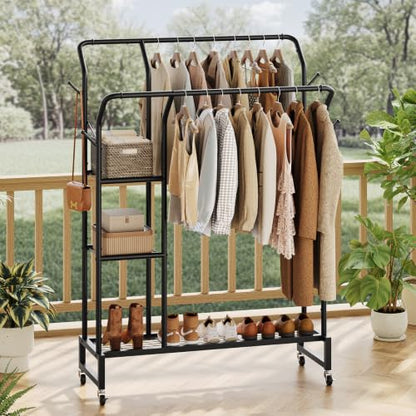 Yoobure Double Rods Clothes Rack - Portable Clothing Rack with Wheels, Rolling Garment Rack with 3-Tier Shelves & 4 Hooks, Freestanding Clothing Racks for Hanging clothes, Coat Rack for Closet Bedroom - color: Black