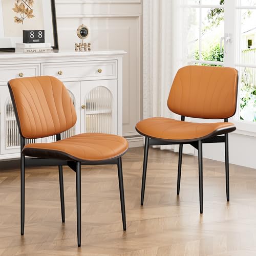 YaFiti Mid Century Dining Chairs Set of 2 with Walnut Bentwood, Orange | Ergonomic Walnut Backrest, Upholstered Waterproof PU Leather Seat, Stable Metal Legs, Adjustable Footpads, Apartment Friendly - color: Orange Scallop