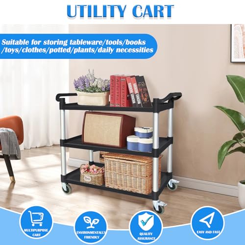 Utility Carts with Wheels, Rolling Kitchen Cart, 3 Tier Cart, Food Service Cart, Restaurant Kitchen Cart, Plastic Heavy Duty Cart for Office Business, 510lbs 16.9" D x 31.5" W x 37.8" H