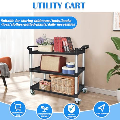 Utility Carts with Wheels, Rolling Kitchen Cart, 3 Tier Cart, Food Service Cart, Restaurant Kitchen Cart, Plastic Heavy Duty Cart for Office Business, 510lbs 16.9" D x 31.5" W x 37.8" H