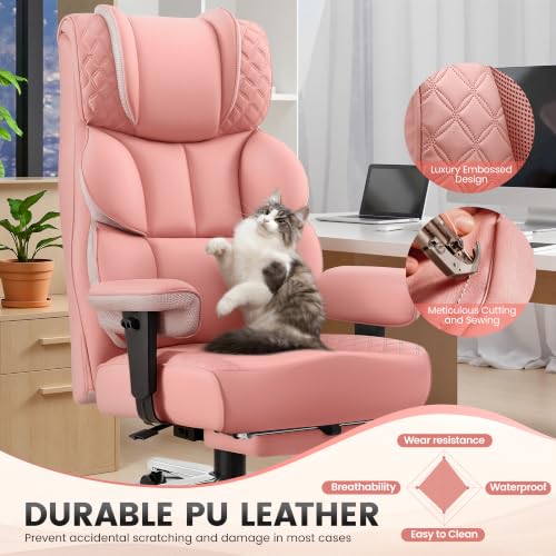 BestGlory Office Desk Chair, Big and Tall Leather Gaming Chair with Footrest, Ergonomic Comfy Executive High-Back Reclining Computer Chairs, Wide Swivel Rolling Wheels and Padded Lumbar Support, Pink - color: Pink, style: 3 Position Reclining