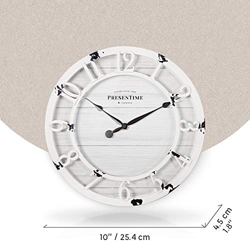 10" Farmhouse Series Wall Clock | Shiplap Style, Raised 3D Arabic Numeral, Antique Distressed White - color: Antique Distressed White, size: 10 inch