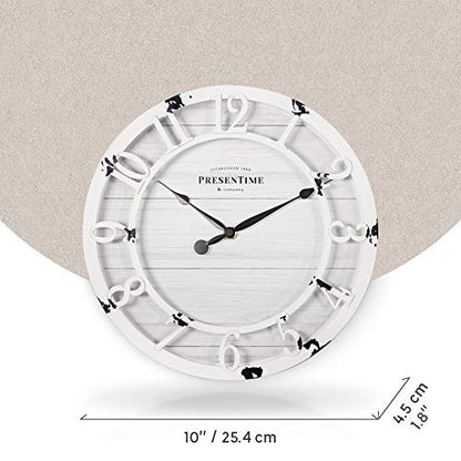 10" Farmhouse Series Wall Clock | Shiplap Style, Raised 3D Arabic Numeral, Antique Distressed White - color: Antique Distressed White, size: 10 inch