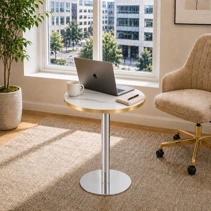 TesNus 23.6" Small Round Dining Table for 2, Circle Tulip Table, Faux Marble Top with Silver Metal Pedestal Base, Modern Leisure Coffee Table for Small Spaces, Cafe, Office, White&Silver - color: White Top&silver Base