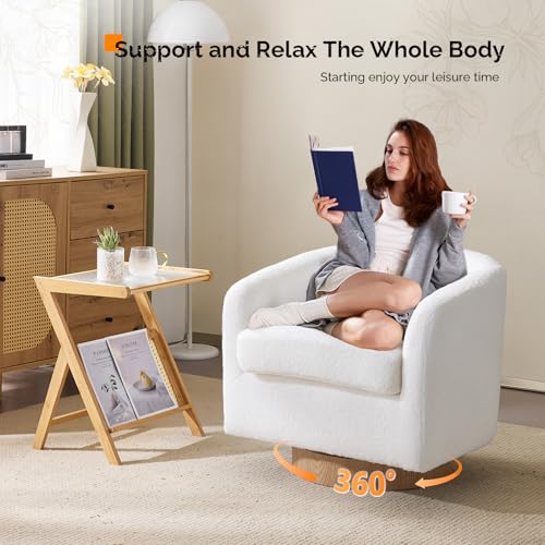 VINGLI 360°Swivel Accent Chairs Set of 2 with Engineered Wood Base and Removable Cushion for Living Room, Bedroom, Curved Back Barrel Chairs for Small Space, Upholstered Bucket Armchairs, Teddy White - color: Teddy-white