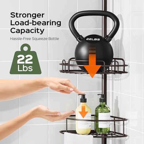 HAMITOR Corner Shower Caddy Tension Pole: No-Drill Rustproof Bathroom Shelf | 4-Tier Large Storage for Renters, 47-121 in Adjustable Rack, Quick Installation, Supports Up to 22 lbs, Hooks and Towel Bar - color: Bronze