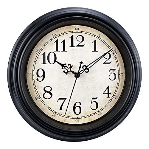 Plumeet Small Retro Wall Clock, 10'' Non Ticking Classic Silent Vintage Wall Clocks Decorative Kitchen Living Room Bedroom - Battery Operated, Black - color: Black, size: 10''