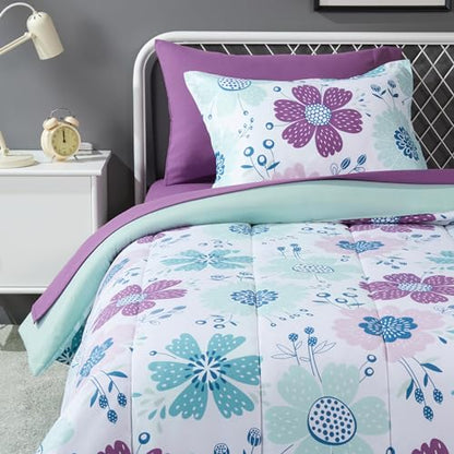Amazon Basics 5-Piece Soft, Easy-Wash Microfiber Kid's Bed-in-a-Bag Bedding Set with Sheet and Comforter, Twin, Bluish Flowers - color: Bluish Flower, size: Twin