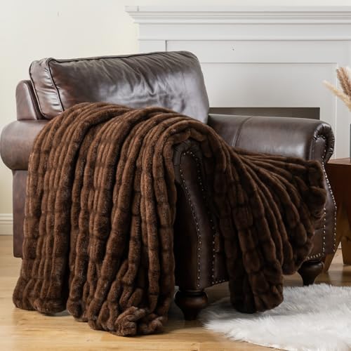 Battilo Chocolate Brown Faux Fur Throw Blanket for Couch, 50"x60" | Luxury Faux Fur Blanket with Brown Tip, Soft Cozy Minky Plush Ruched Faux Fur Blanket For Bed, Sofa Living Room - color: Chocolate Tip, size: 50"x60"