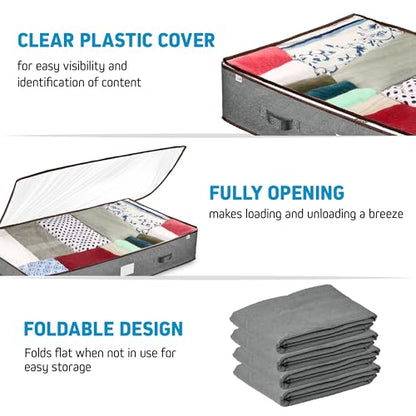 ZOBER Under Bed Storage Bags, Underbed Storage Containers, Gray, 90L 4-Pack | Non-woven fabric, foldable, clear top, dual zippers, reinforced handles, under bed storage containers for clothes, blankets