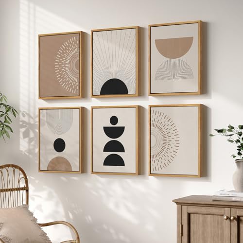 6 Piece Framed Boho Neutral Wall Art Set, Modern Abstract Geometric Canvas Painting Prints, Brown Black and Beige Minimalist Picture Artworks for Living Room Dining Room Bedroom 11x14 Inch - color: Neutral
