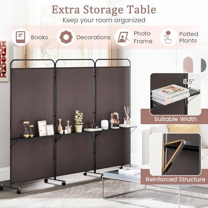 GOFLAME 3 Panel Room Divider with Storage Shelves, 6FT Folding Privacy Screen with Lockable Wheels, Portable Rolling Wall Divider, Freestanding Partition Screen for Room Separation, Brown - color: Brown