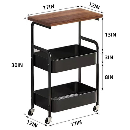 3 Tier Metal Rolling Utility Cart Organizer with Walnut Table Top, Stable and Sturdy Rolling Storage Carts with 2 Lockable Wheels for Kitchen，Bathroom，Snacks，Coffee，Craft，Makeup，Baby Essentials
