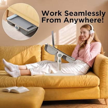 2-in-1 Bed & Lap Desk with Soft Cushion, Adjustable Height & Angle | Wrist Rest, Leather, iPad Holder & Stopper - Foldable Laptop Stand for Bed & Couch, Portable Bed Table Tray for Adults & Kids - color: Gray