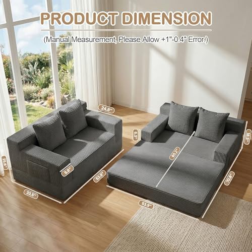 Boneless Loveseat Small Couch Bed, Futon Sleeper Sofa Bed,Convertible Pull Out Couch with 2 Pillows,Corduroy Folding Floor Couch for Living Room,No Assembly Required,Grey - color: Grey, size: 53.9inch