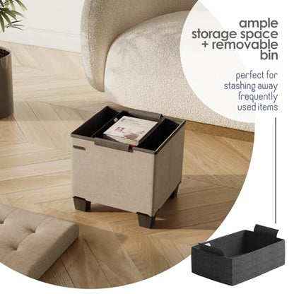 Storage Ottoman Cube with Small Bin, 15-in Square Ottoman with Storage for Living Room and Bedroom, Small Ottomans Foot Rest, Fabric Foot Stools Ottomans Max 330lbs, Taupe - color: 07 - Taupe