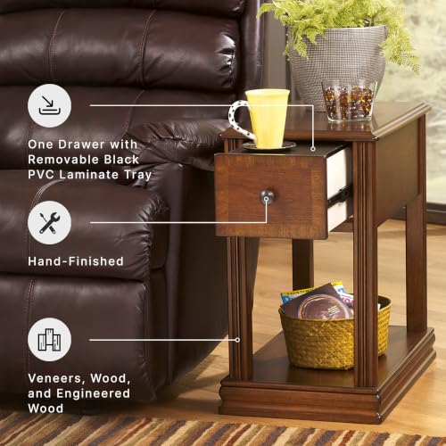 Signature Design by Ashley Breegin Narrow Chairside End Table | Rich dark brown wood veneers, Deep storage drawer with removable PVC tray, Compact 13-inch width fits tight spaces - color: Medium Brown
