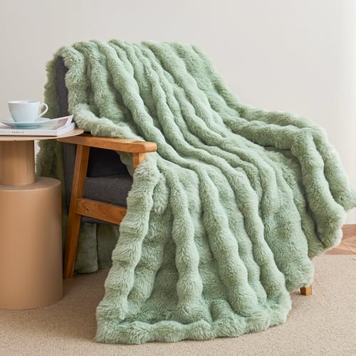 Faux Rabbit Fur Throw Blanket for Couch, Sage Green Throw Blankets 50"x60" | Cozy Reversible Fluffy Throw, Luxury Plush Thick Bubble Blanket, Mothers Gifts for Women, Soft Warm for Bed, Home Decor - color: Sage Green, size: Throw50"x60"