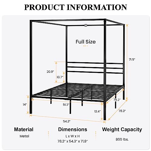 SHA CERLIN Full Size Canopy Bed Frame with Heavy Duty Metal Slats, Black | Modern Minimalist Design Four-Poster, Under-Bed Storage Space, Mattress Foundation, No Box Spring Needed, Easy Assembly - color: Black, size: Full